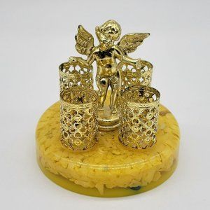 Vintage Sam Fink Lipstick Holder 4 Tubes Cherub Yellow Lucite Base Brass